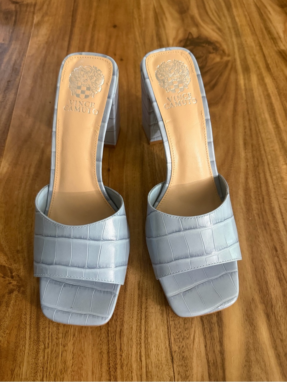 Vince Camuto Pale Blue Croc-Embossed Block Heel Slide
